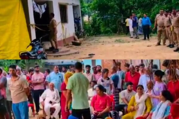 मौके पर तैनात पुलिसकर्मी और बड़ी संख्या में जुटे स्थानीय लोग